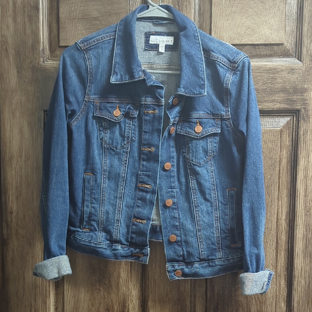 LOFT Dark Blue Jean Jacket with Copper Accents Buttons.